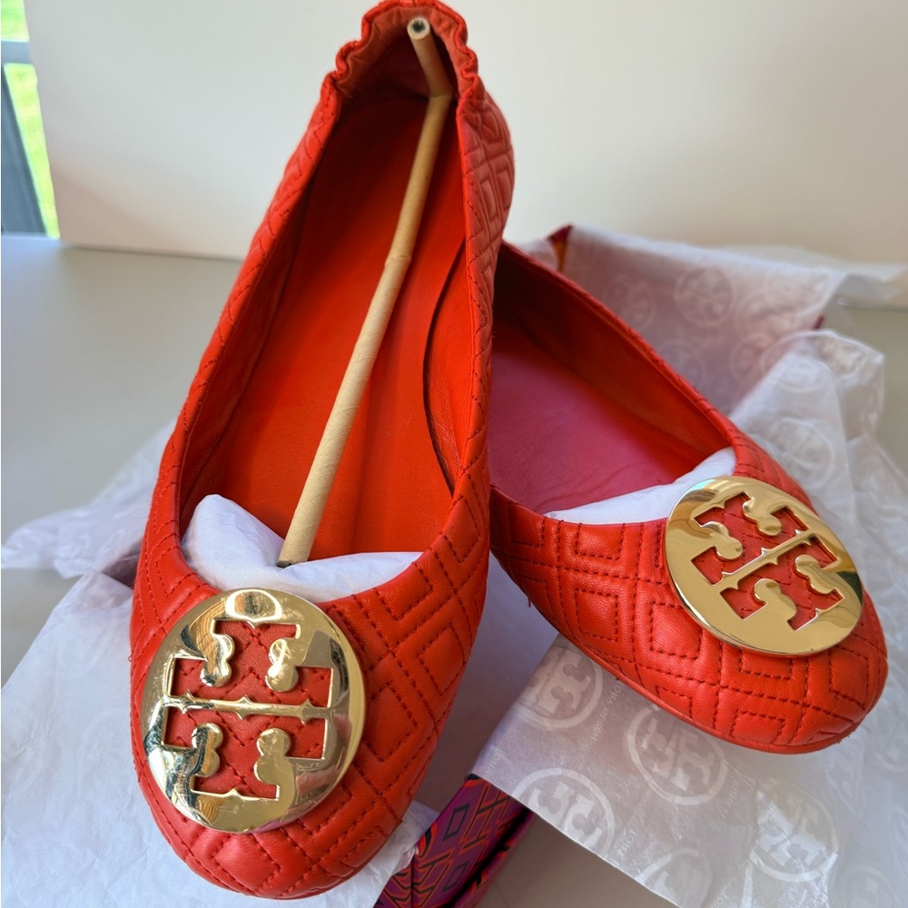 Tory Burch Bright Samba (orange)/Gold Quilted Ballet Flats 10.5